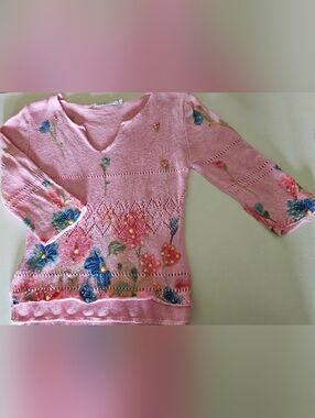 Vtg Emme Pink Floral Knit Sweater • Sequin & Bead Embellished • Size S